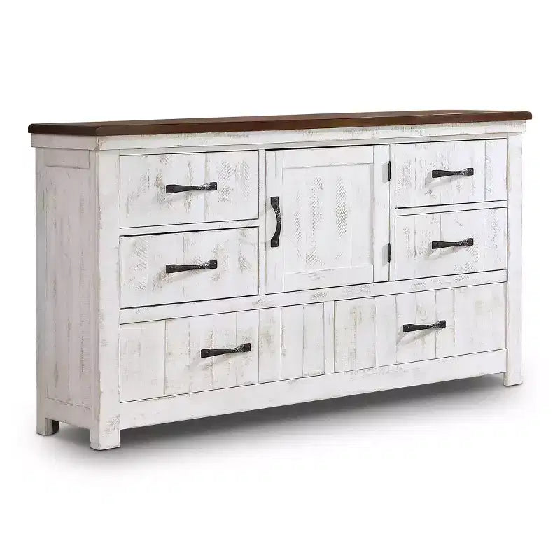 Willow Rustic 6 Drawer Dresser Distressed White/Walnut - Antique Style Storage Cabinet