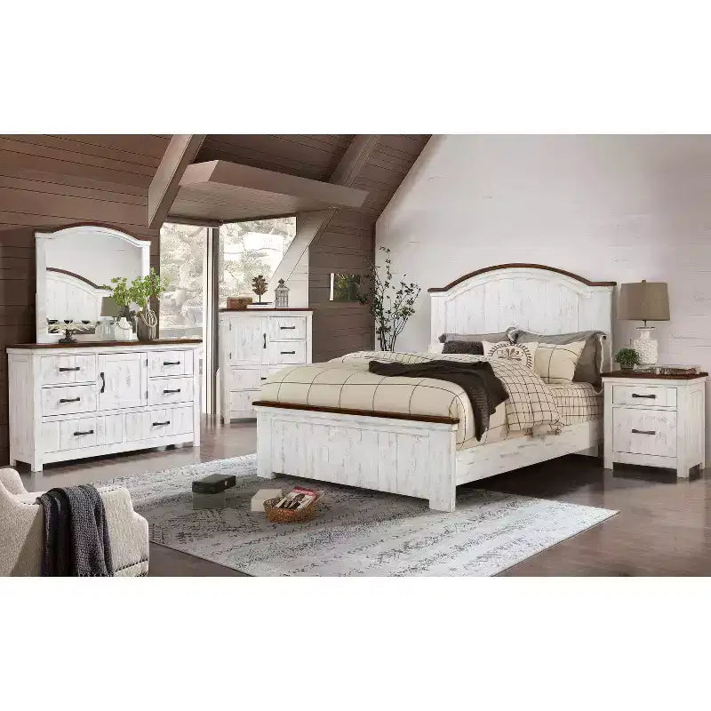 Willow Rustic 6 Drawer Dresser Distressed White/Walnut - Antique Style Storage Cabinet