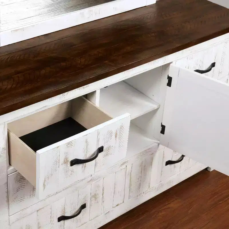 Willow Rustic 6 Drawer Dresser Distressed White/Walnut - Antique Style Storage Cabinet