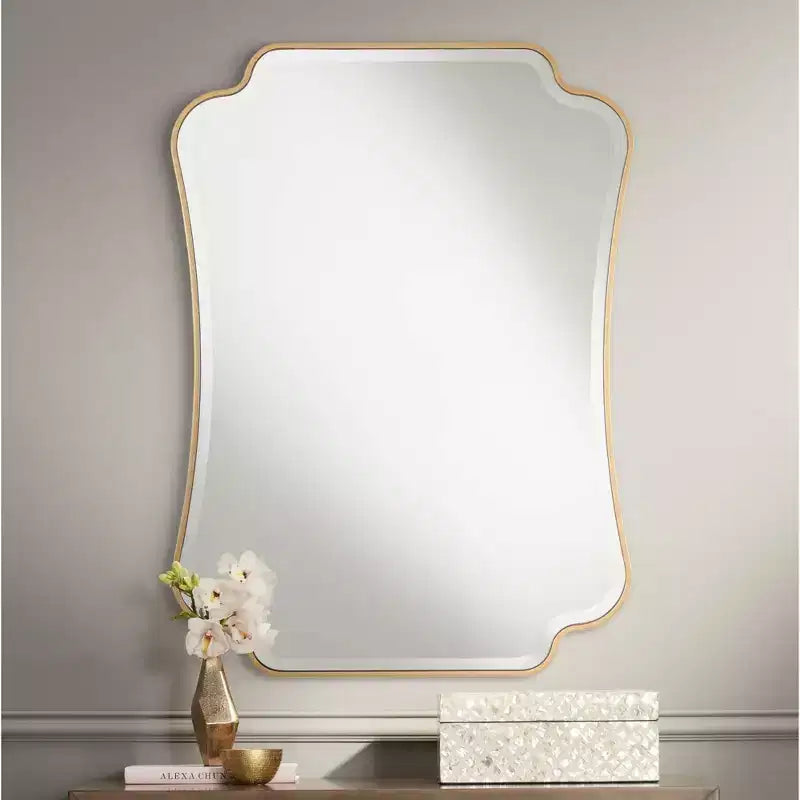 Indara Scalloped Corner Rectangular Vanity Wall Mirror Modern Beveled Gold Wood Frame 27 Wide for Bathroom Bedroom Living Room Office