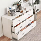 6-Drawer White Wooden Dresser Horizontal Wide Bedroom Storage Furniture