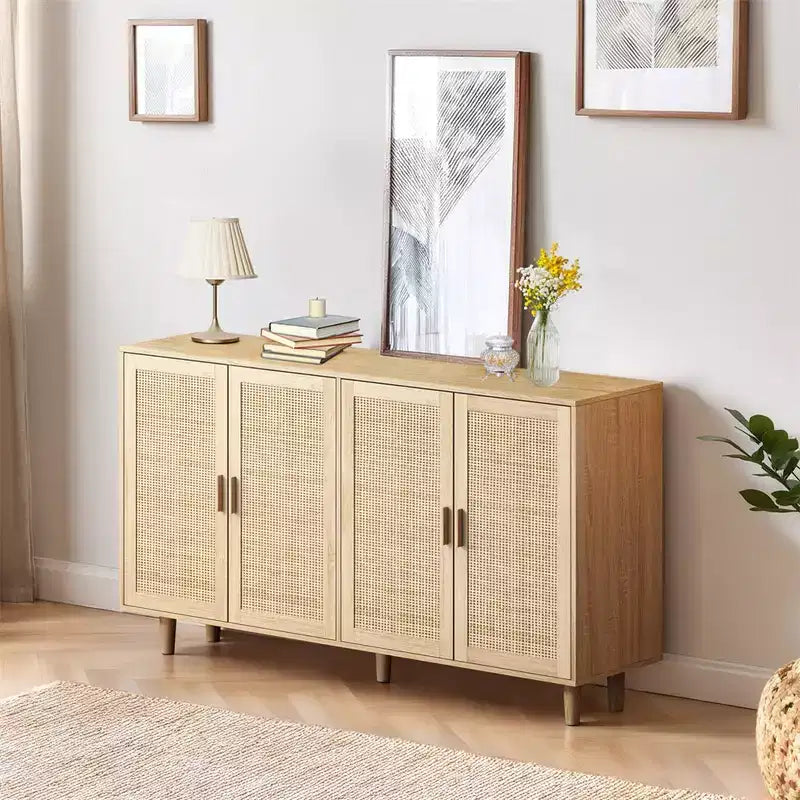 62.20 Buffet/Meuble de rangement décoratif élégant et fonctionnel en rotin à 4 portes, pour chambre, salon, bureau, montage facile, noir