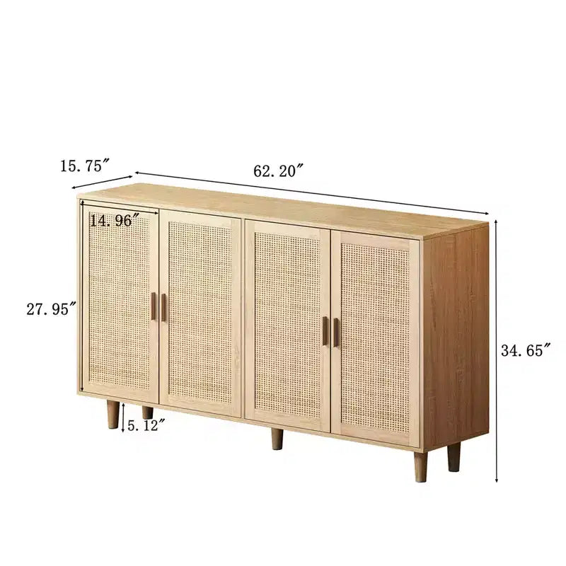 62.20 Buffet/Meuble de rangement décoratif élégant et fonctionnel en rotin à 4 portes, pour chambre, salon, bureau, montage facile, noir